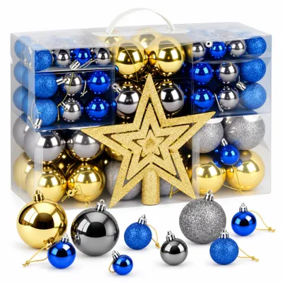 Produktbild von Weihnachtskugeln 108er Set, Christbaumkugeln Kunststoff Set, Christbaumschmuck mit Baumkronensterne, Weihnachtsdeko ∅ 3/4/6cm, Glänzend Glitzernd Matt
