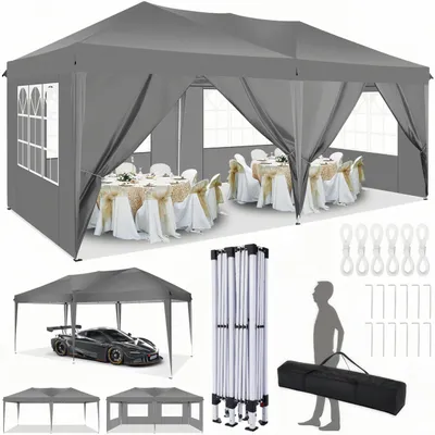 A collage of images showing a gray pop-up canopy tent set up with tables and chairs inside, another image of the tent covering a car, and various components of the tent including its frame, stakes, and a carrying bag. A silhouette of a person is also shown