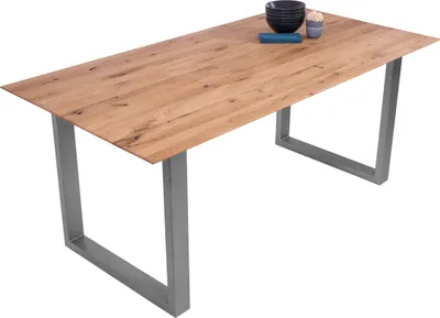 Produktbild von Esszimmertisch Schweizer Kante eckig massiv & geölt Eiche 200x100 silber U-Gestell Lotte
