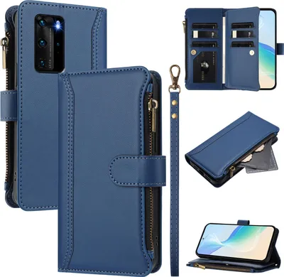 Image de Etui pour Huawei P40 Pro, zippé, étui portefeuille en cuirPolyuréthaneavec pochettes pour cartes, support et dragonne bleu