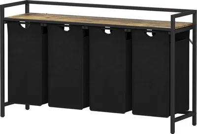 Produktbild von Unyqoos® Wäschesortierer 4 Fächer – 168 L Wäschekorb mit großer Ablage, 4 herausnehmbare Taschen (je bis 42 L), Spanplatte & Stahlgestell, schwarz, 124×33,4×76 cm