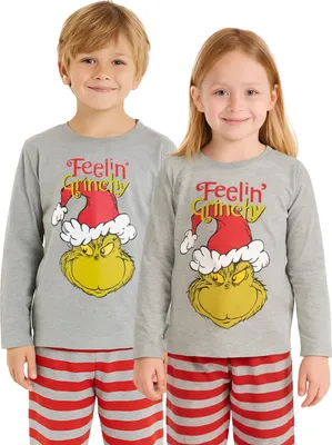 Produktbild von The Grinch Schlafanzug für Mädchen und Jungen - Kinder Pyjama Set Langarm Oberteil mit Hose Grau/Rot 122-128