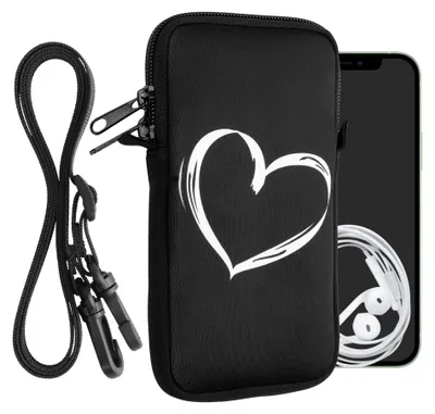 Produktbild von kwmobile Handytasche für Smartphones XXL - 7" - Neopren Handy Hülle Weiß Schwarz - Handy Tasche mit Kette 17,7 x 8,5 cm Innenmaße - Herz Brush