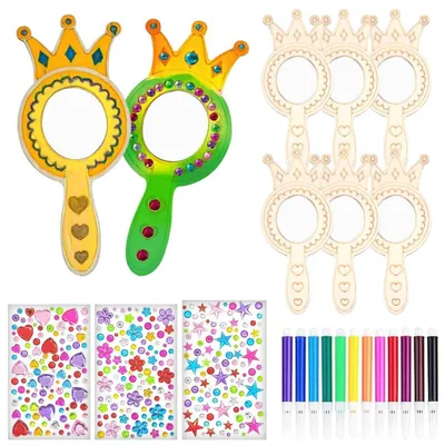 Immagine prodotto di Specchio di legno da decorare, kit per bambini, 8 pezzi. Specchi a tema principessa, con pennarelli ad acquerello e adesivi a forma di diamanti