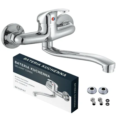 A chrome kitchen faucet and its packaging are displayed against a white background, along with some installation accessories.