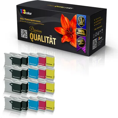 A product box for printer ink cartridges with a stack of ink cartridges in front of it.