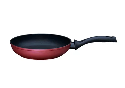 A red frying pan with a black handle is shown against a white background.