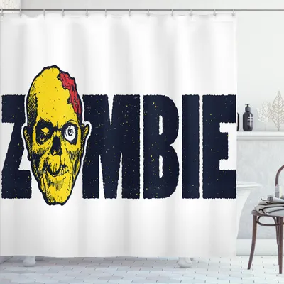 Immagine prodotto di ABAKUHAUS Tenda da doccia Zombie, caricatura di teschi umani morti con illustrazione di mostri zombie, 175 x 200 cm, blu scuro e giallo