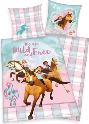 A collage of bedding items featuring cartoon horses and girls.