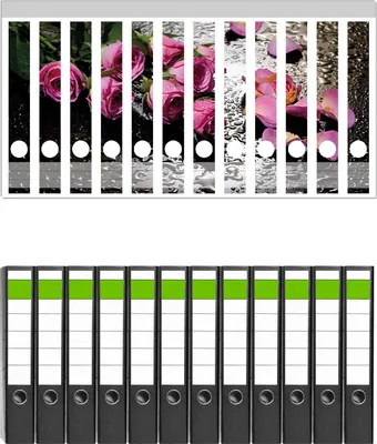 Produktbild von Wallario 12 Stück schmale Ordner inkl. Klebeetiketten mit Motive Pinke Rosen mit Wassertropfen -  Set mit Rückenschildern / Ordnerrücken Stickern