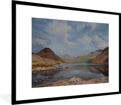 Produktbild von MuchoWow® Gerahmtes Poster Ölgemälde Bergsee 80x60 cm - Poster mit Schwarzem Bilderrahmen Wandposter Rahmen Foto Bilder - Schlafzimmer-Dekorationen - Fotoposter