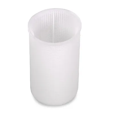 A white, cylindrical, perforated plastic filter basket is shown against a white background.