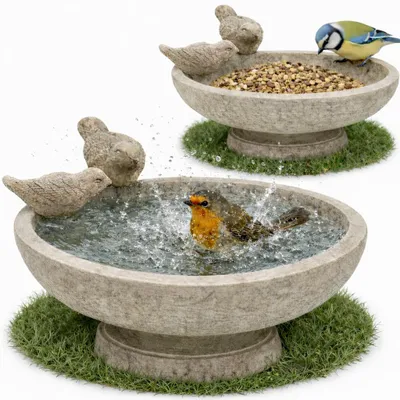 Produktbild von Vogeltränke mit 2 Vögeln auf Sockel Vogel Bad Tränke Garten Terrasse Balkon Futterstelle Bienen Zement rund Ø26cm
