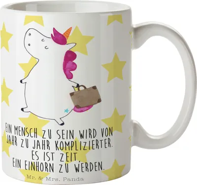 Produktbild von Mr. & Mrs. Panda Tasse Einhorn Koffer - Weiß - Geschenk, Kaffeetasse, Lustig, Spaß, Henkelpott, Unicorn, Reise, Keramiktasse, Bedruckte, Kaffeebecher