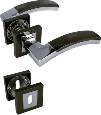 Two door handles and a separate escutcheon plate are displayed against a white background.