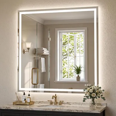 Image de Miroir de salle de bain LED, 91,4 x 91,4 cm, avec variateur d'intensité, 3 températures de couleur, fonction anti-buée, éclairage arrière et frontal