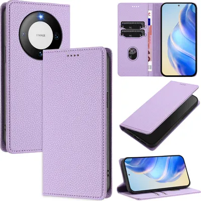Produktbild von Litchi Leder Handyhülle für Huawei Mate 60 Wallet Kartenfächer Standfunktion Hülle Violett