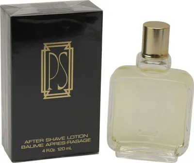 PS After Shave Lotion, 120 ml Flakon mit goldener Kappe neben schwarzer Verpackung mit goldfarbenem Logo und Text in zwei Sprachen.