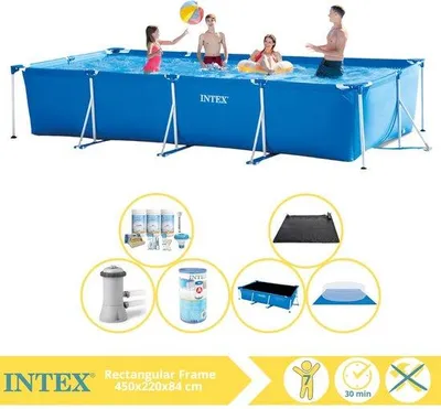Obrázok produktu pre Obdĺžnikový bazén Intex s rámom – nadzemný bazén – 450 x 220 x 84 cm – vrátane solárnej clony, balíčka na údržbu, bazénového čerpadla, filtra, dnového krytu a solárnej rohože