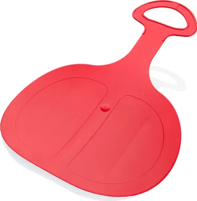 A red plastic sled is shown against a white background.