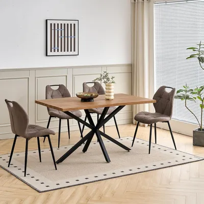 Productafbeelding van Eetkamer set, bestaande uit: Eettafel (140 cm), 4 gestoffeerde stoelen, donkere houtnerf + bruin