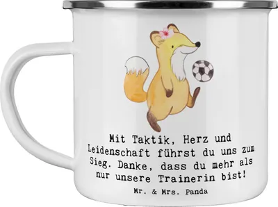 Produktbild von Mr. & Mrs. Panda Reisebecher Fussball Trainerin - Weiß - Geschenk, Sportart, Danksagung, Emaille Tasse, Hingabe, Campingtasse, Coaching, Sport, Leidenschaft, Teetasse
