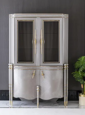 Produktbild von Vitrine Grau Esszimmer Schrank Regal Design Elegantes Möbel Metall