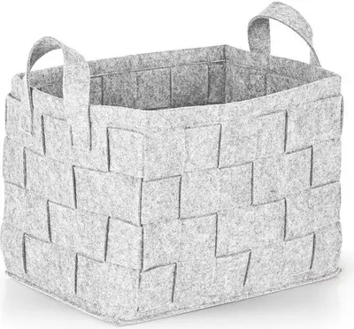 A light gray felt storage basket with handles, shown from a three-quarter front view on a white background.