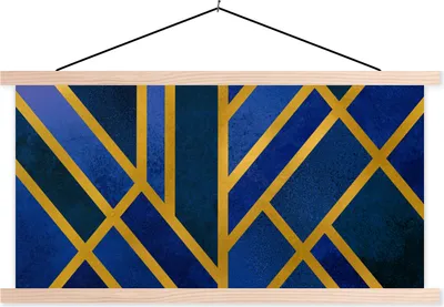 Produktbild von MuchoWow® Textilposter Gold - Muster - Blau 120x60 cm mit holzfarbenen Rahmen - Klemmleiste