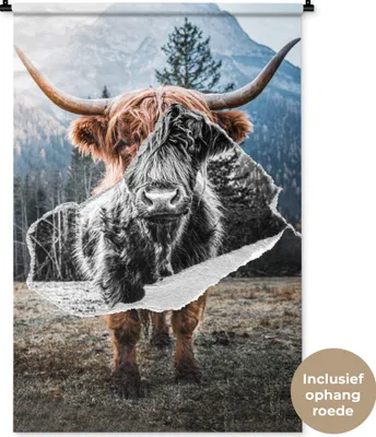 Produktbild von MuchoWow® Wandteppich Wandbehang Scottish Hochlandrind - Schwarz - Weiß 90x135 cm Tapisserie Dekoration Wandtuch - Baumwolle - Wandskulptur