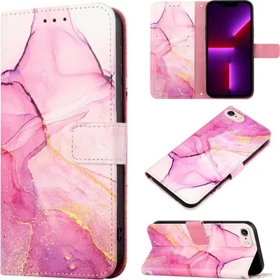 Produktbild von iPhone SE 2020 Hülle, Marmor Motiv Kunstleder Tasche Wallet Kartenfächer mit Standfunktion Klapp Schutzhülle für iPhone SE 2020 / 8 / 7 / 6s / 6 Rosa