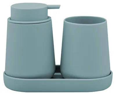 Produktbild von eluno Bad-Accessoires Set TESERO 3tlg. bestehend aus 1x Seifenspender, 1x Becher, 1x Schale, aus Kunststoff in Hellblau
