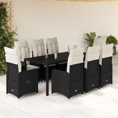 Produktbild von Design 9-tlg. Garten-Bistro-Set mit Kissen Schwarz Poly Rattan, Gartenmöbel-Sets 2024 Neu