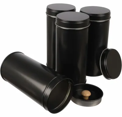 Immagine prodotto di Set da 4 contenitori THEA | Eleganti e sottili contenitori per tè/alimenti con coperchio protettivo per preservare l'aroma, impilabili, in metallo, per 100g di tè ciascuno | 14 x 6,6 cm (altezza, diametro) | Contenitori per spezie