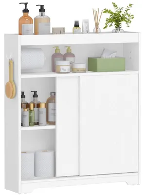 Image de Armoire de salle de bain avec porte coulissante, blanche, dimensions 20 x 80 x 90 cm, étagères réglables
