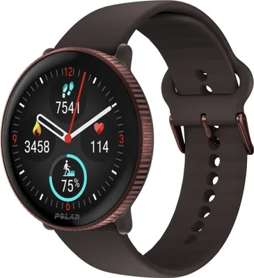 A close-up studio shot of a Polar Ignite 3 smartwatch with a brown strap and copper bezel, displaying fitness metrics on its screen.