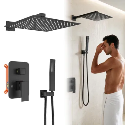 Productafbeelding van XINZI Zwarte matte inbouw doucheset, douchesysteem met een 30x30 cm hoekig regendouchekop, handdouche, roestvrijstalen inbouw doucheset, complete set
