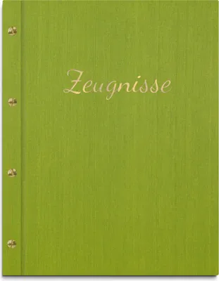 Produktbild von Zeugnismappe im grünen Einband in Leinenoptik, mit hochwertiger Prägeschrift in gold – handgefertigte Mappe für Zeugnisse inkl. 12 Sichthüllen