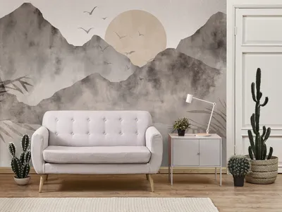 Produktbild von Vlies Fototapete Landschaft Sonnenuntergang Berge Vögel wie gemalt 400x280 cm – Moderne Vliestapete, Tapete für Wohnzimmer, Flur c-A-10077-a-a