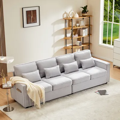 Produktbild von Sofa Couch Wohnzimmersofa Modernes 4-Sitzer-Sofa aus Leinenstoff, Grau