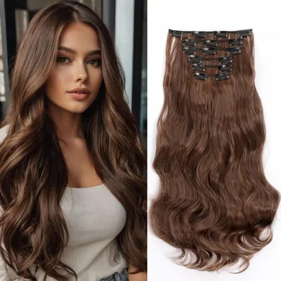 Obrázok produktu pre Clip-in predlžovanie vlasov, vlnité, syntetické, tmavohnedé s odtieňmi svetlohnedými, 48 cm, 6 prameňov, 16 klipov