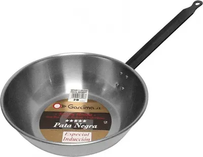 A close-up, studio shot of a metal frying pan with a black handle, set against a white background.