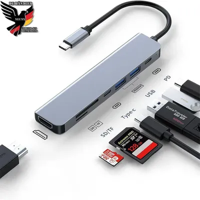 Produktbild von USB 3.0 Hub Adapter Verteiler Splitter Typ C auf HDMI PD Multiport Kartenleser USB 3.0, PD 100W, SD/microSD, Multiport Adapter für iPad, Lenovo Dell