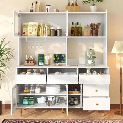 Zdjęcie produktu dla Wysoka szafka kuchenna z drzwiczkami ze szkła i półką na kieliszki do wina, wymiary: 145x39x171 cm, kolor: biały