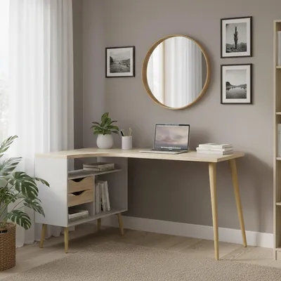Produktbild von Schreibtisch Clarisse, Mehrzweckschreibtisch, Bürotisch für PC, Eckschreibtisch, 145x81 h76 cm, Weiß und Eiche