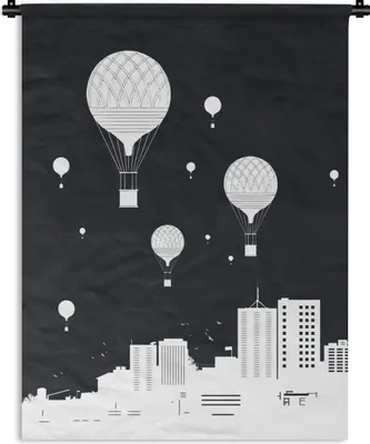 Produktbild von MuchoWow® Wandteppich Wandbehang Stadt - Heißluftballons - Schwarz - Weiß 90x120 cm Tapisserie Dekoration Wandtuch - Wanddeko