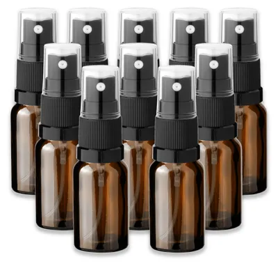 Produktbild von 10x Braune Glasflasche 10 ml mit schwarzem Zerstäuber Sprühkopf Spray