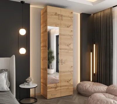 Produktbild von Drehtürenschrank 242x80x48 cm Eiche Wotan mit Spiegel, Aufsatz und 2 Schubladen – Moderner Kleiderschrank mit viel Stauraum für Schlafzimmer und Flur