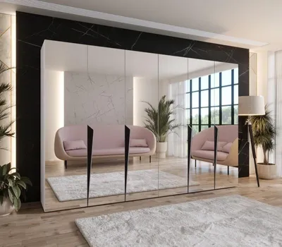 Obrázek produktu pro Šatní zrcadlová skříň 300 cm SORAYA 3 - bílá / černé úchyty