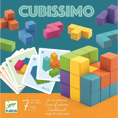 The image shows the packaging for the 'Cubissimo' board game by Djeco, featuring colorful building blocks and cards.